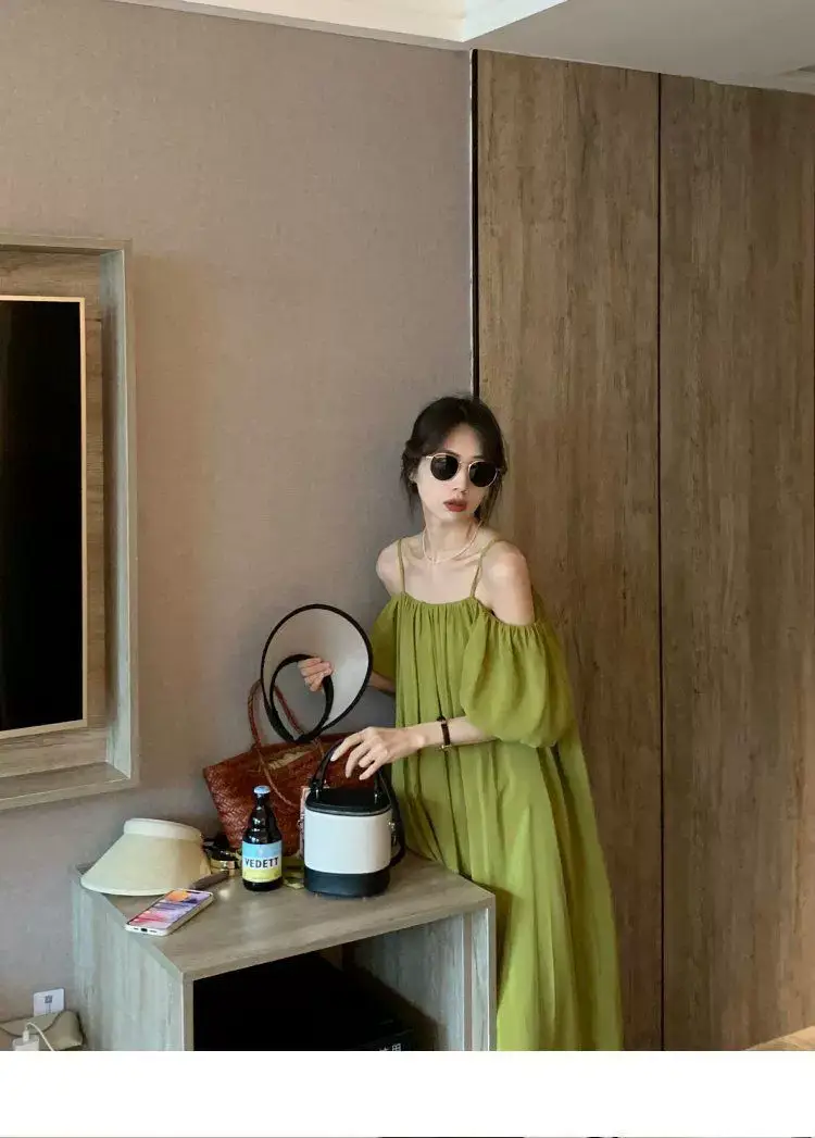 French Suspender Dress Women Off-Shoulder Green 2025 — feature 3