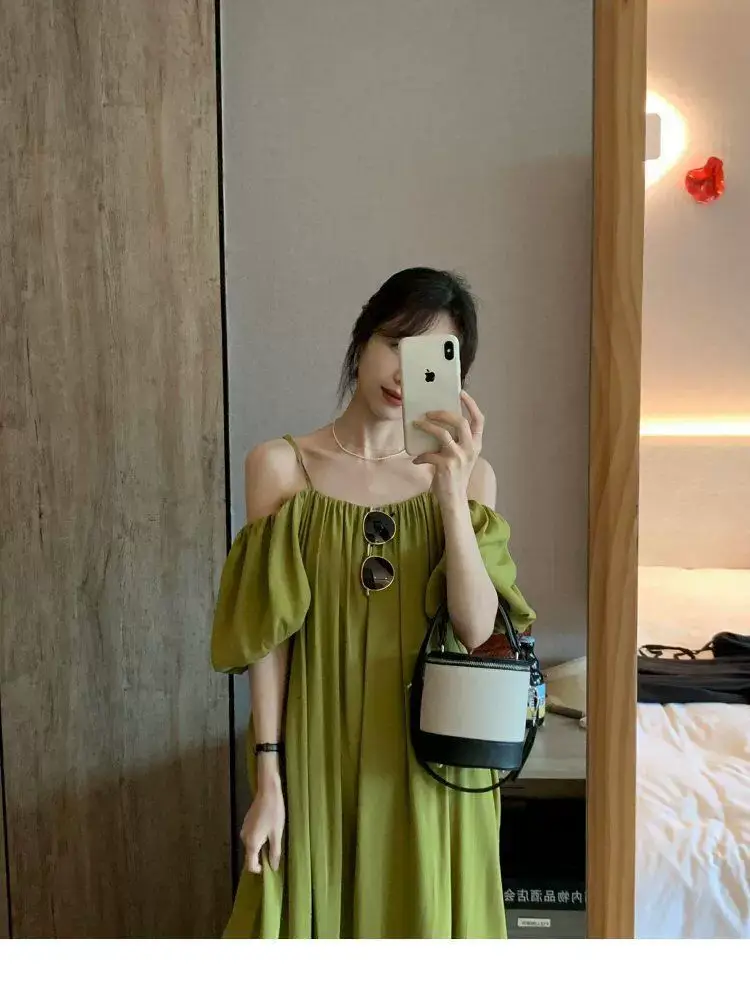 French Suspender Dress Women Off-Shoulder Green 2025 — feature 6