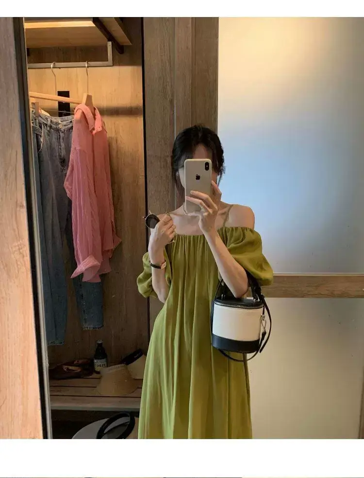 French Suspender Dress Women Off-Shoulder Green 2025 — feature 7