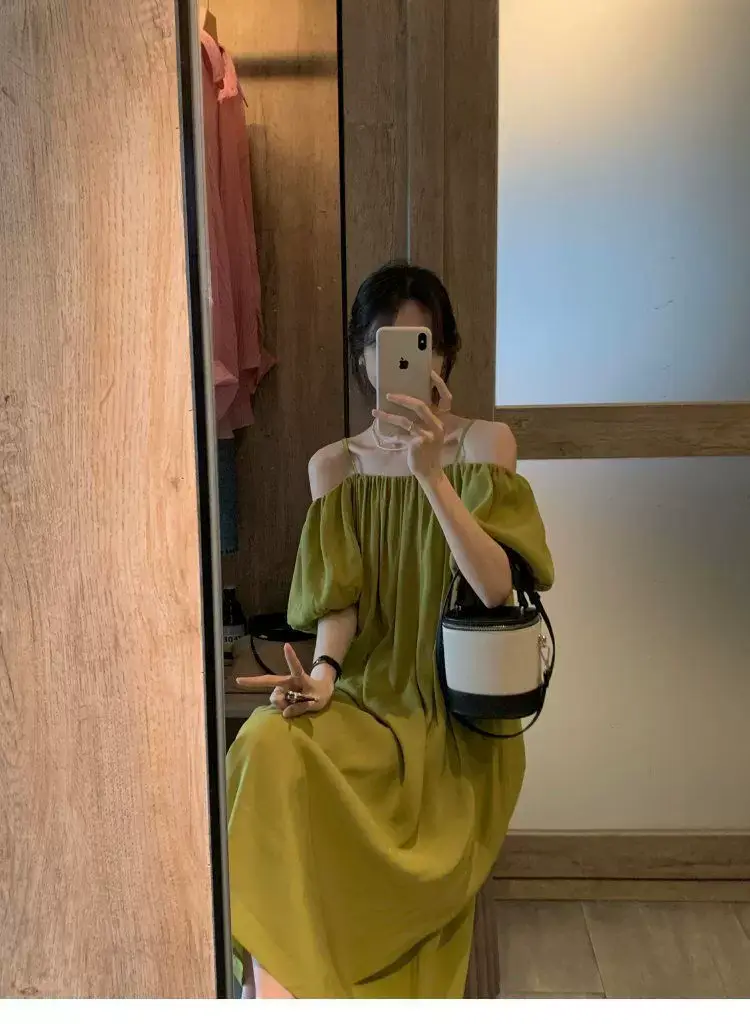 French Suspender Dress Women Off-Shoulder Green 2025 — feature 8