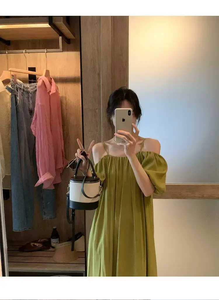 French Suspender Dress Women Off-Shoulder Green 2025 — feature 9