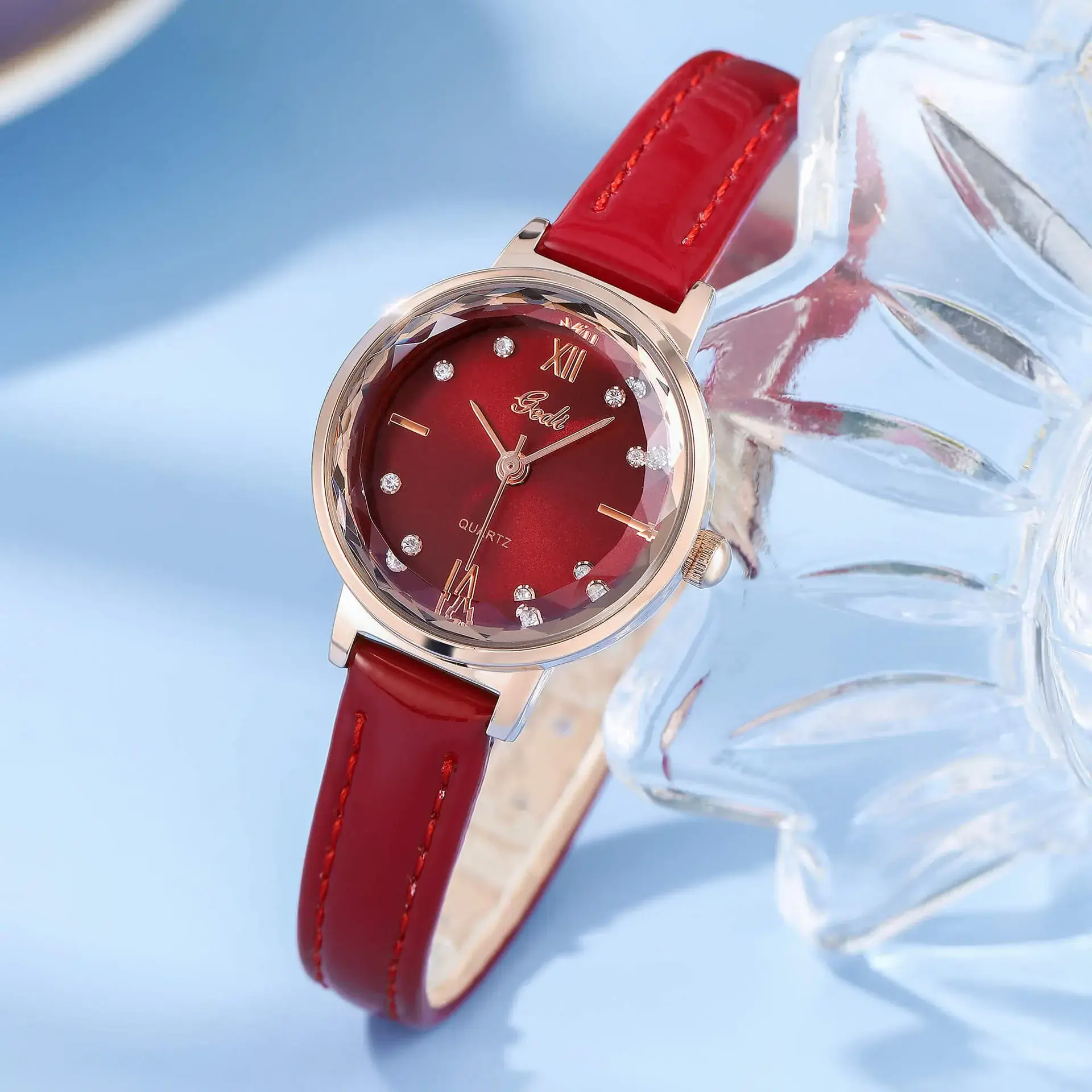 Red Leather Watch with Diamond Face for Women