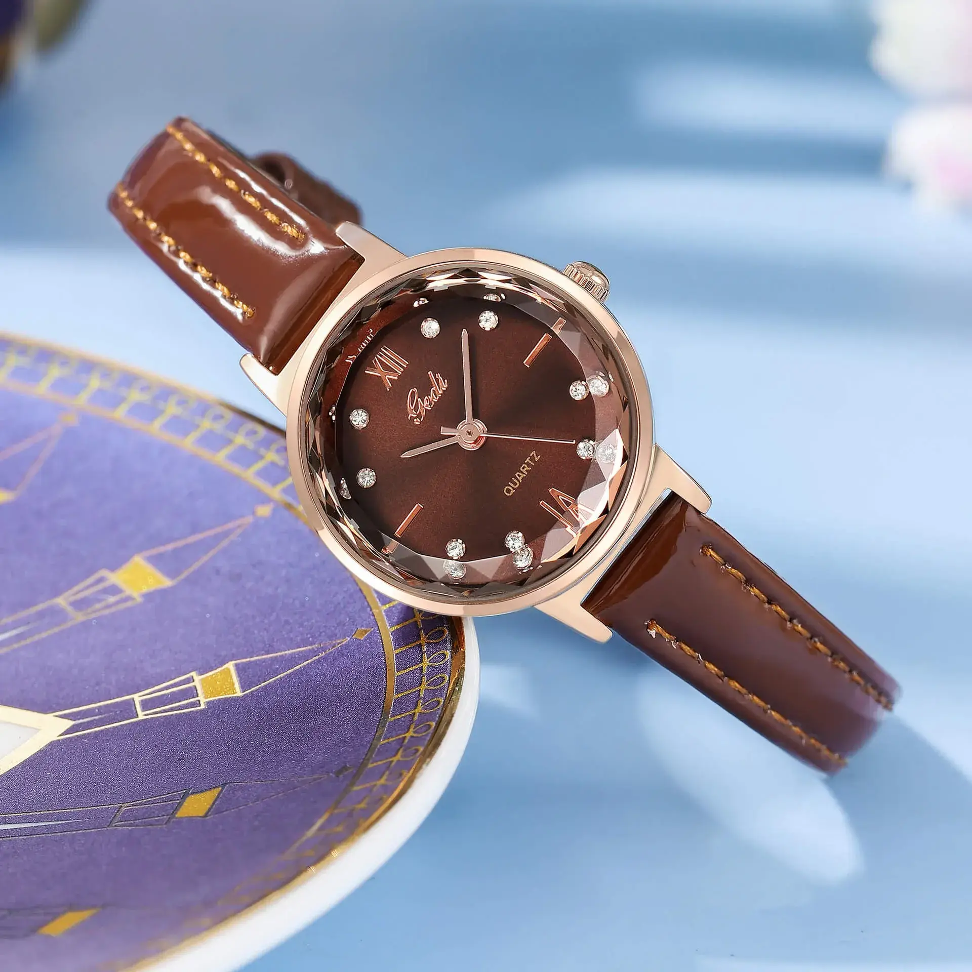 Red Leather Watch with Diamond Face for Women