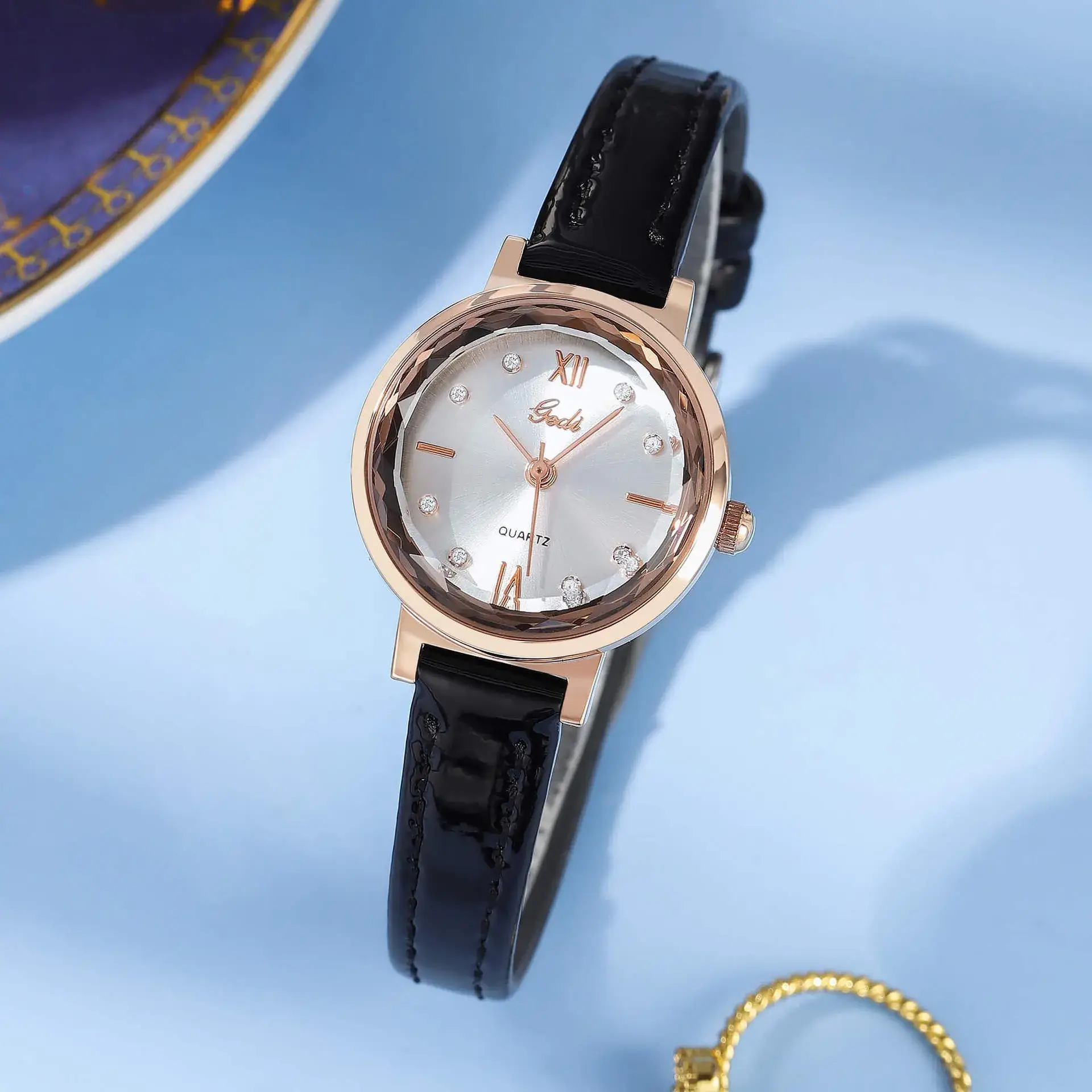 Red Leather Watch with Diamond Face for Women