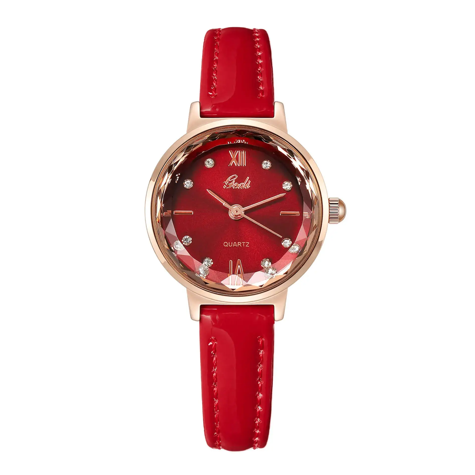 Red Leather Watch with Diamond Face for Women