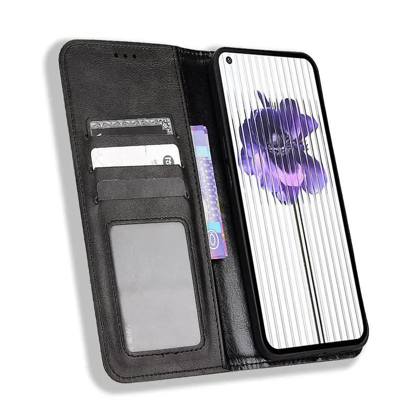 Black Leather Phone Case with Magnetic Card Slot