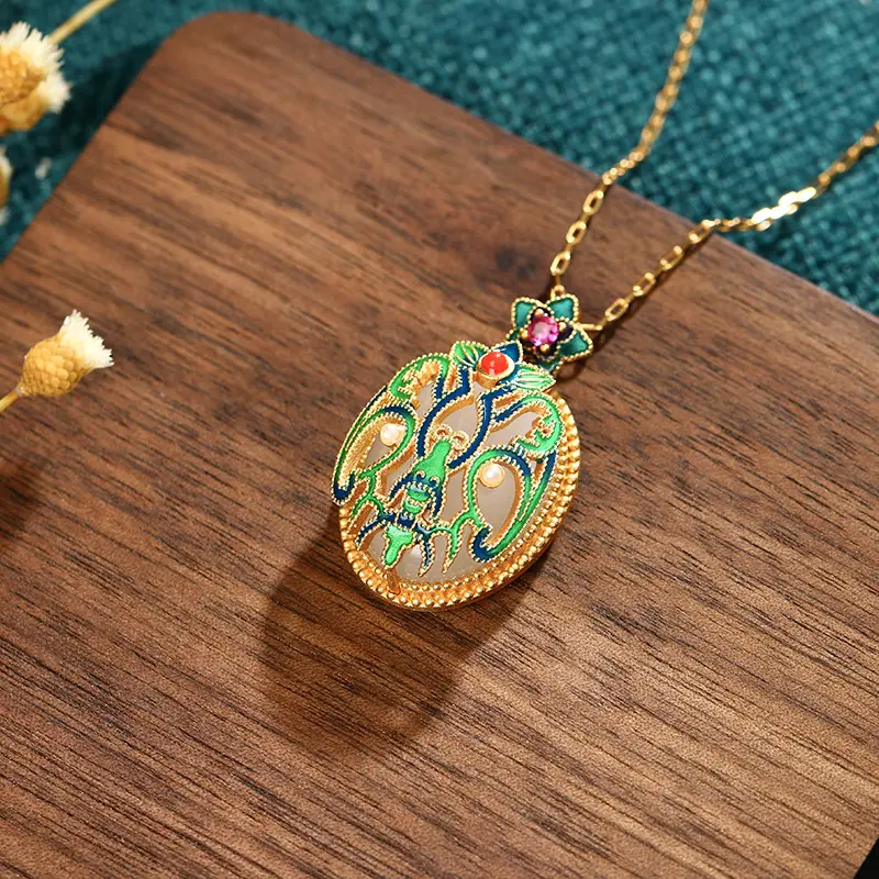 Vintage Court Style Enamel Painted Jade Pendant Necklace