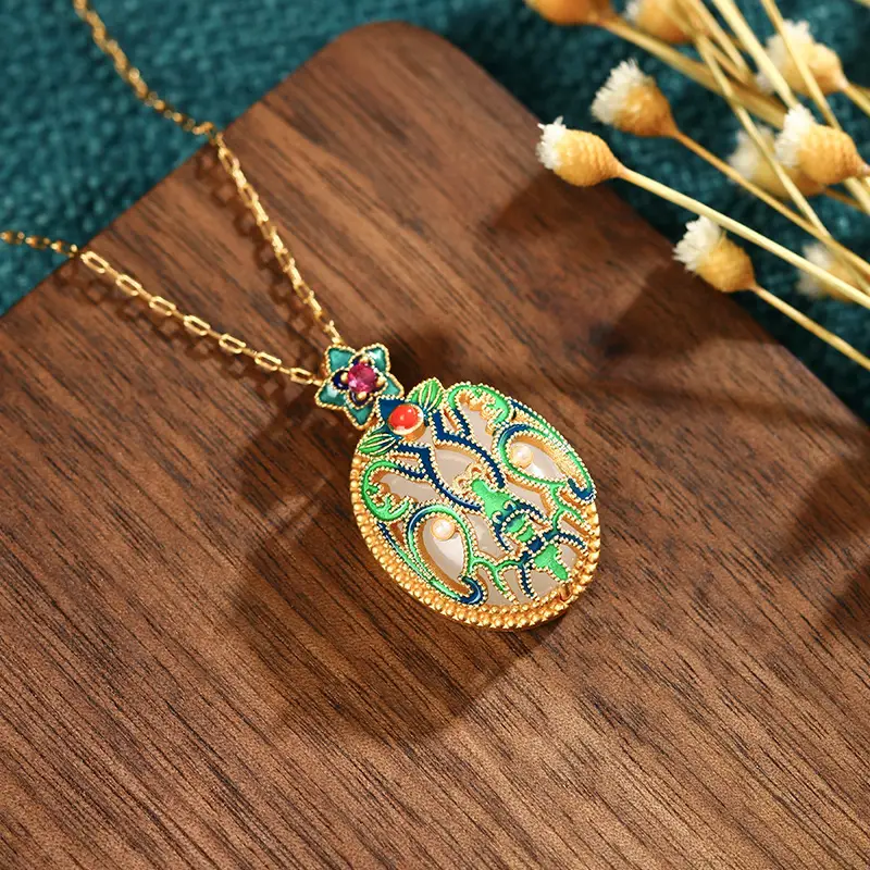 Vintage Court Style Enamel Painted Jade Pendant Necklace