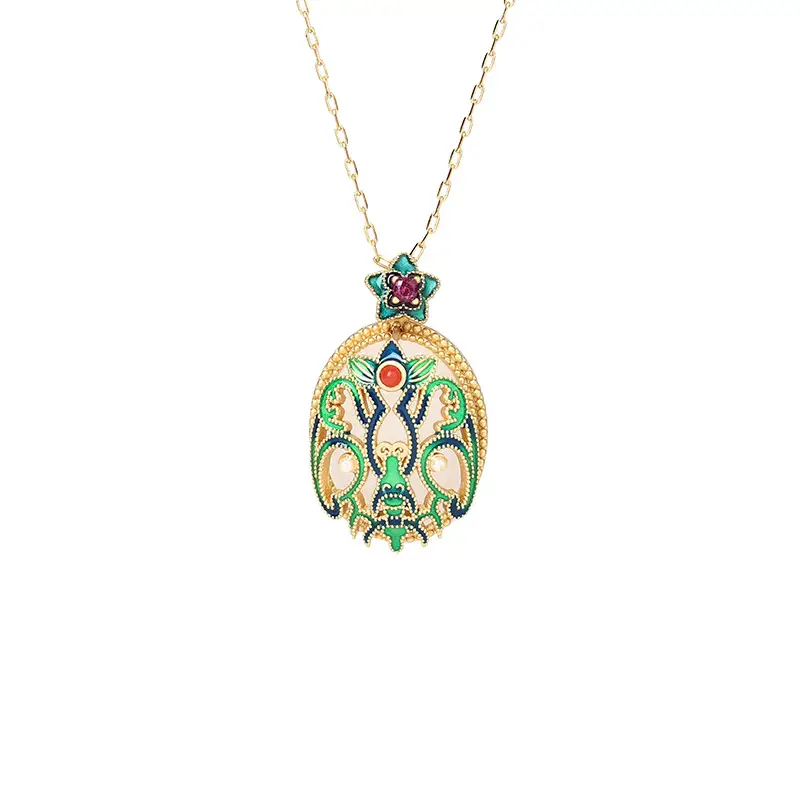 Vintage Court Style Enamel Painted Jade Pendant Necklace