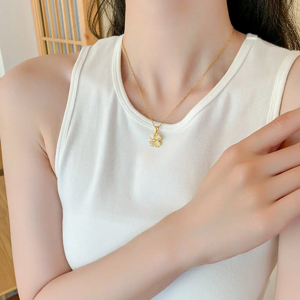 Gold Cat's Eye Four Leaf Clover Necklace for Women - Image 2