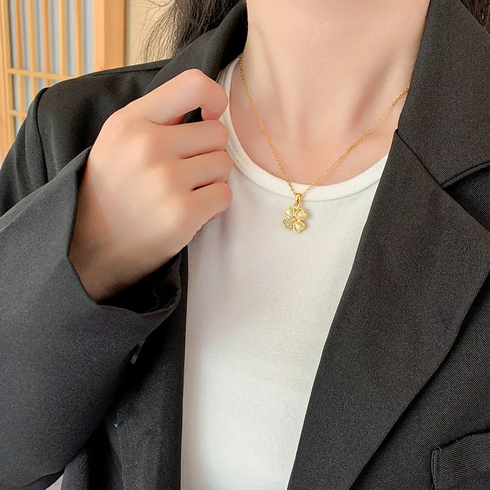 Gold Cat's Eye Four Leaf Clover Necklace for Women - Image 4