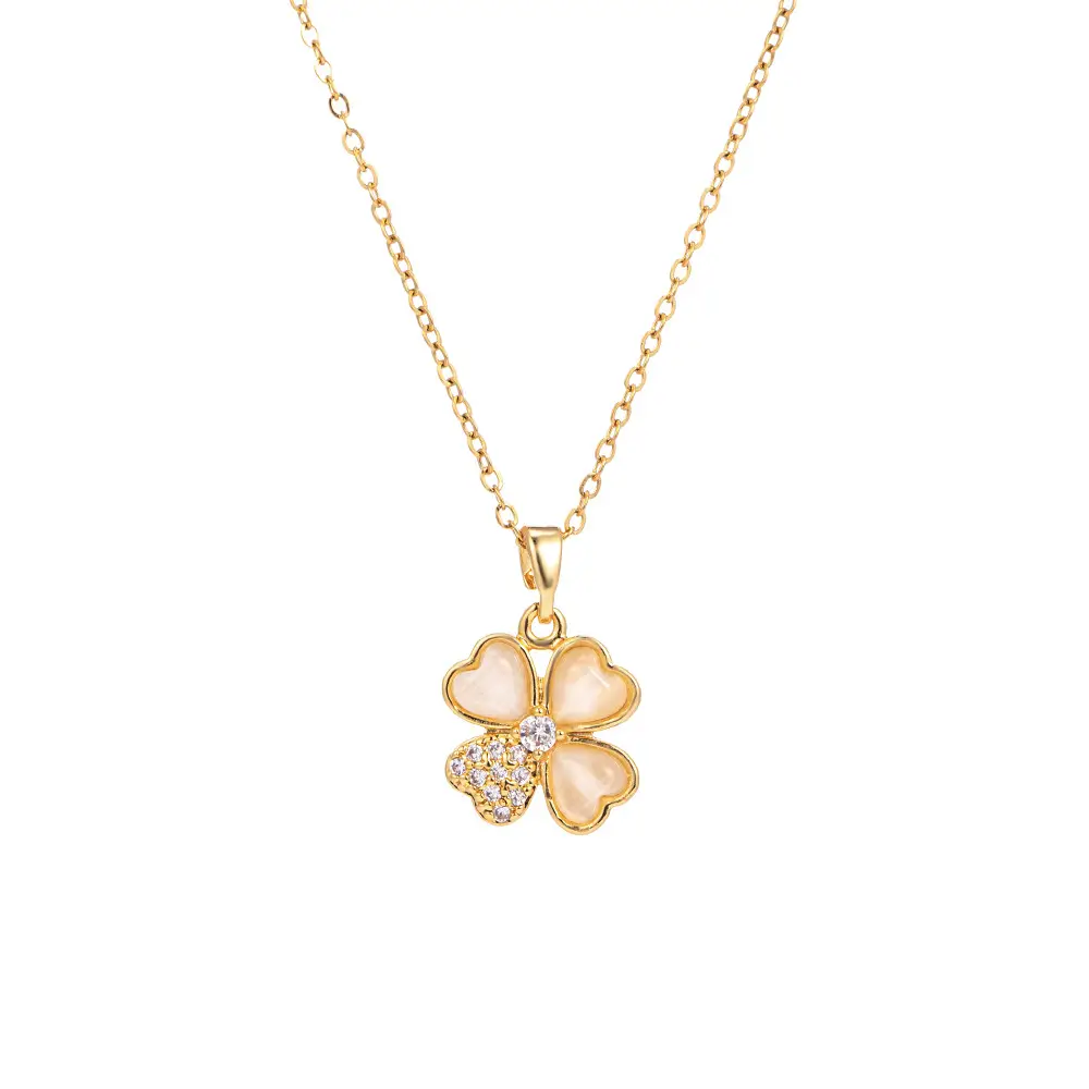 Gold Cat's Eye Four Leaf Clover Necklace for Women - Image 5