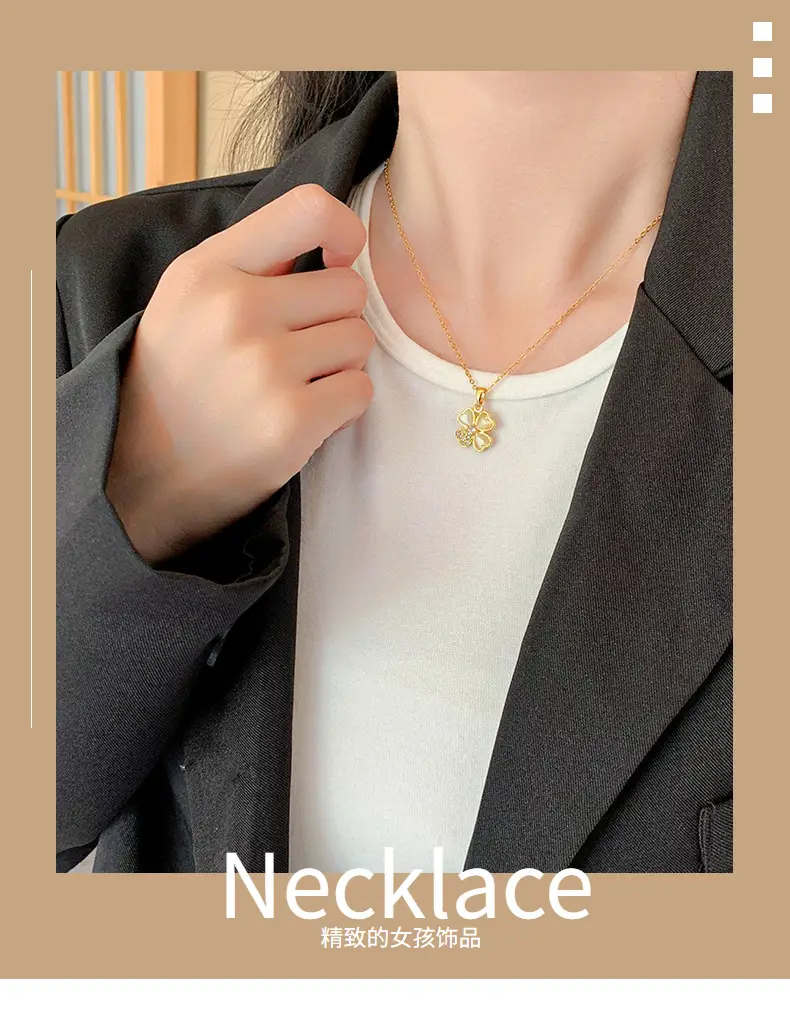 Gold Cat's Eye Four Leaf Clover Necklace for Women — feature 26