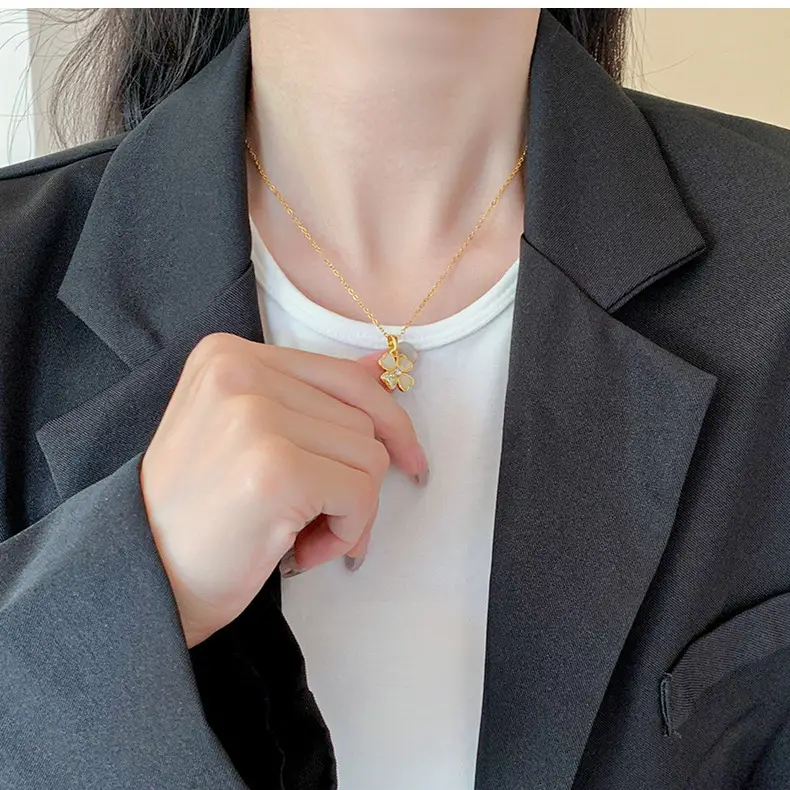Gold Cat's Eye Four Leaf Clover Necklace for Women — feature 34
