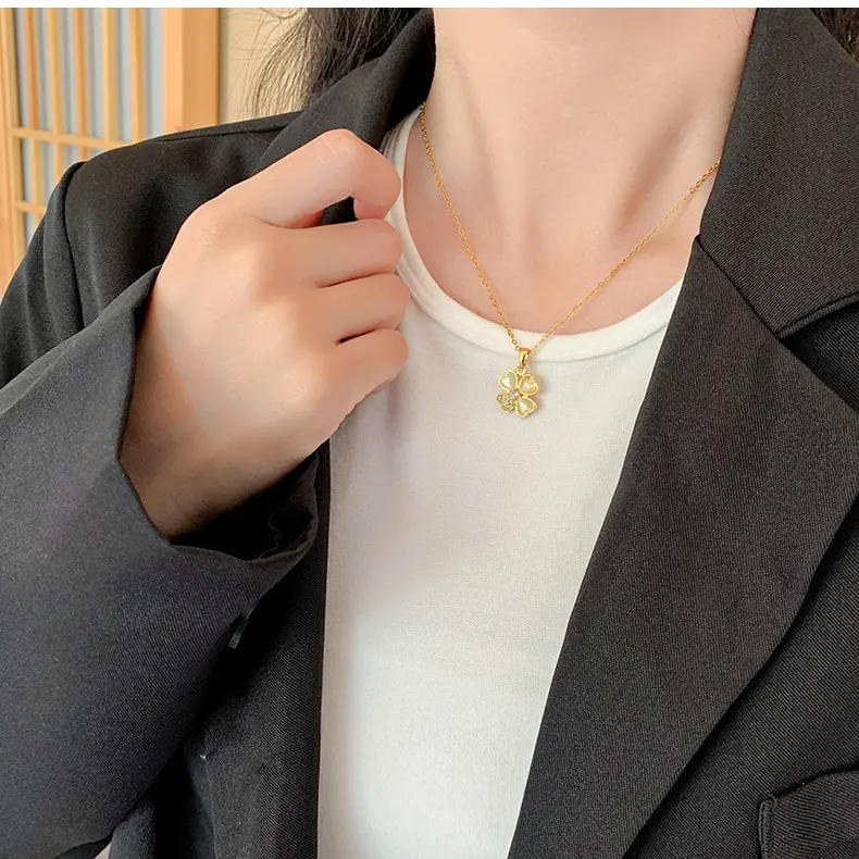 Gold Cat's Eye Four Leaf Clover Necklace for Women — feature 36