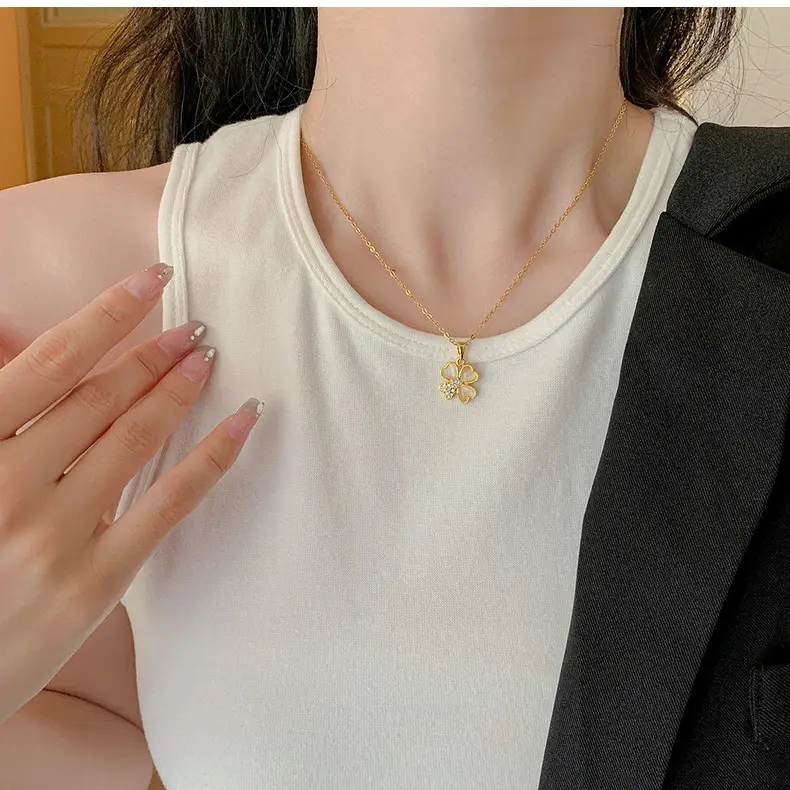 Gold Cat's Eye Four Leaf Clover Necklace for Women — feature 38