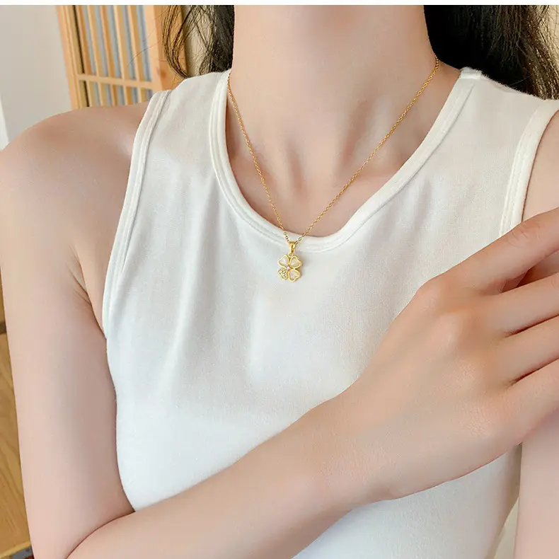 Gold Cat's Eye Four Leaf Clover Necklace for Women — feature 42