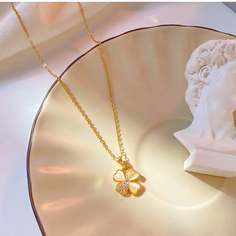 Gold Cat's Eye Four Leaf Clover Necklace for Women — feature 46
