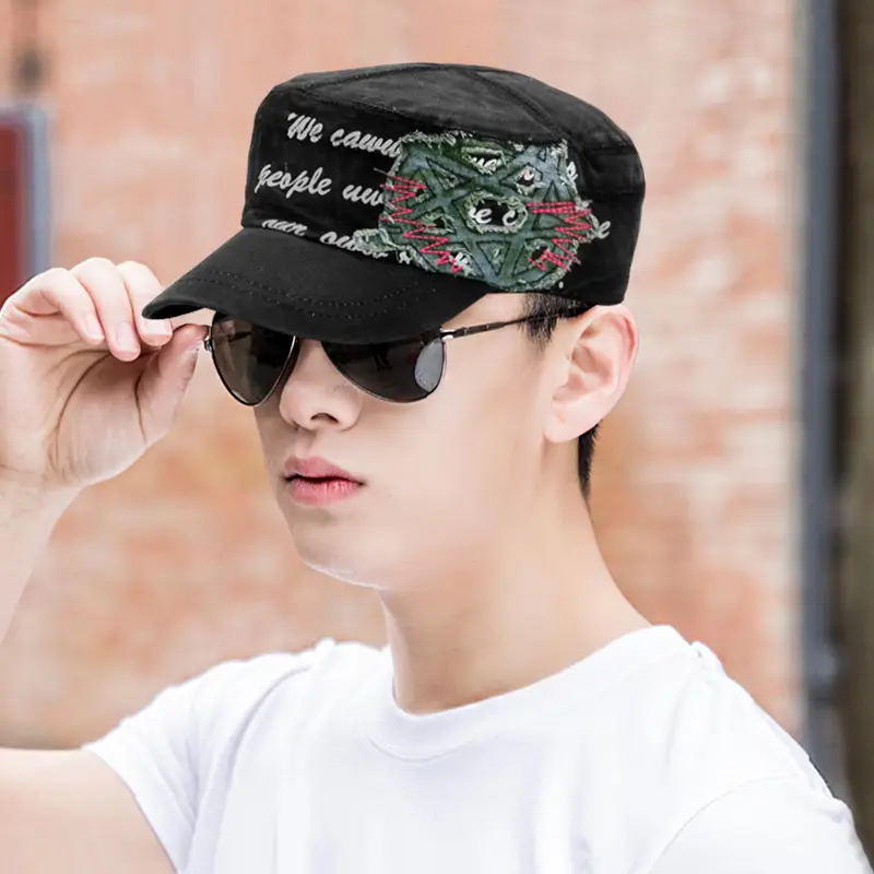 Men Retro Embroidered Black Cap Travel Sun Hat - Image 5