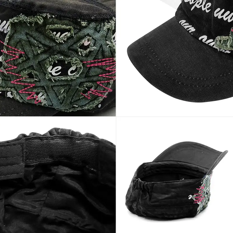 Men Retro Embroidered Black Cap Travel Sun Hat - Image 6