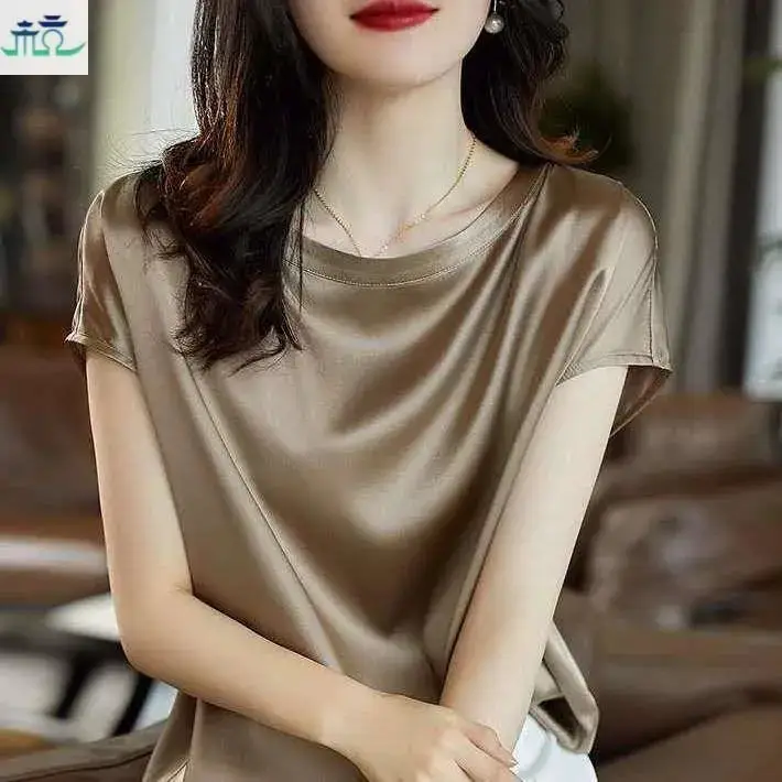 Women Satin Shirt Gold Round Neck Short Sleeve - Image 19