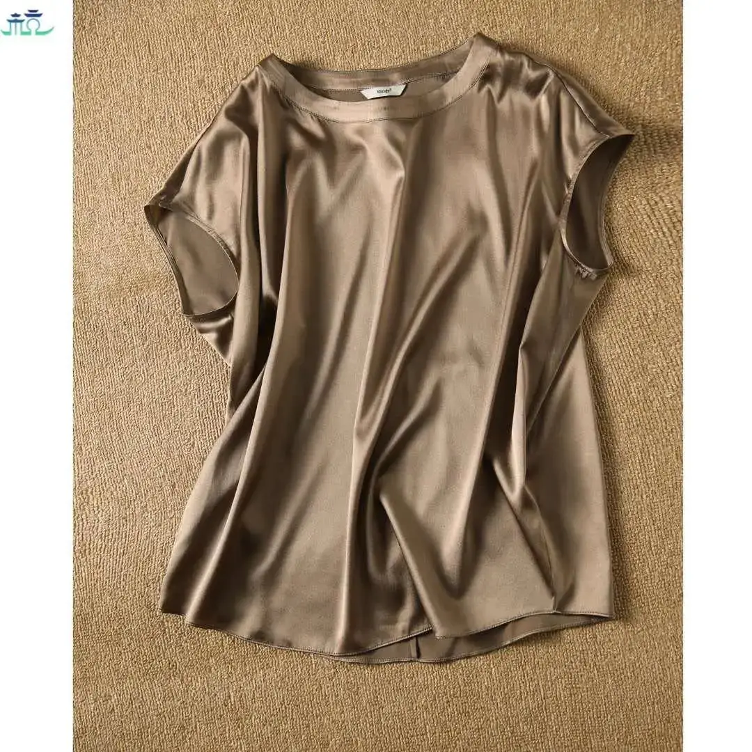 Women Satin Shirt Gold Round Neck Short Sleeve - Image 20