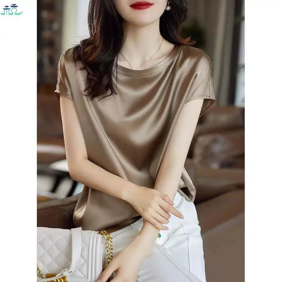 Women Satin Shirt Gold Round Neck Short Sleeve - Image 21