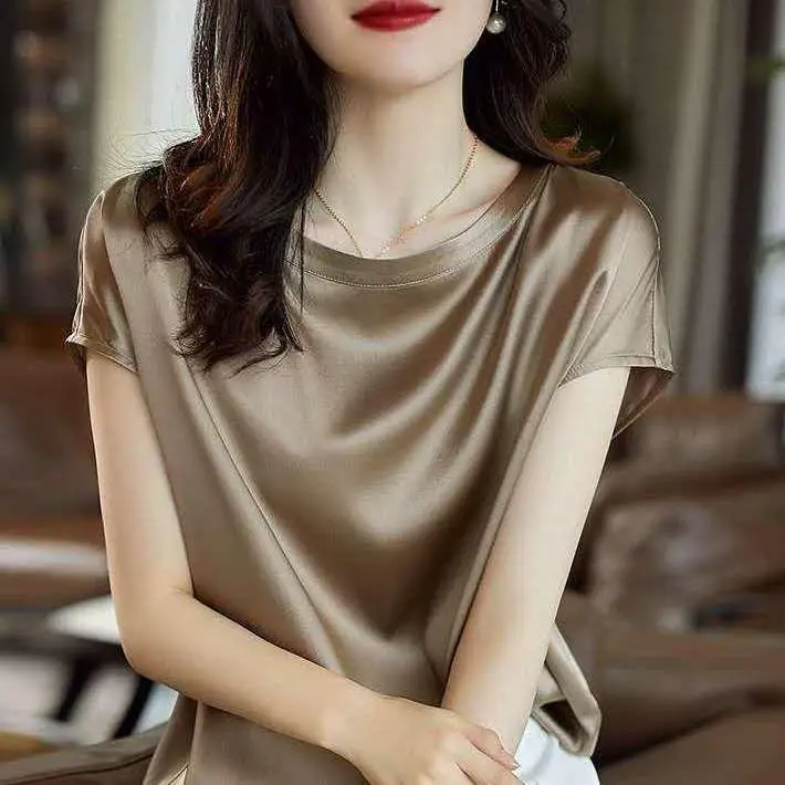 Women Satin Shirt Gold Round Neck Short Sleeve - Image 22