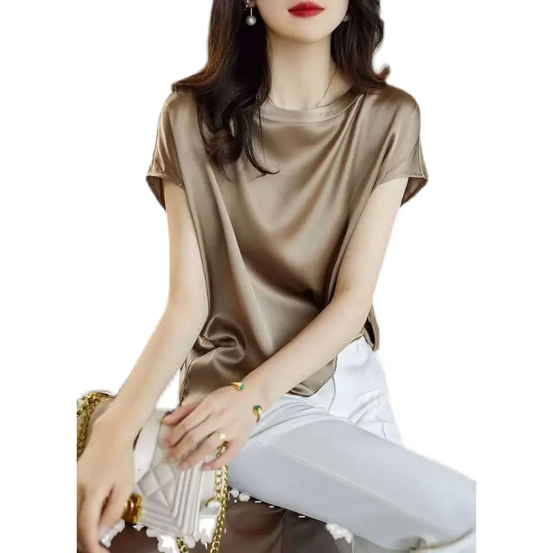 Women Satin Shirt Gold Round Neck Short Sleeve - Image 23