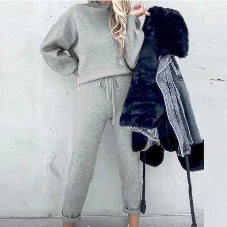 2022 Fleece Sweatshirt Suit Grey High Collar Long Sleeve - Image 3