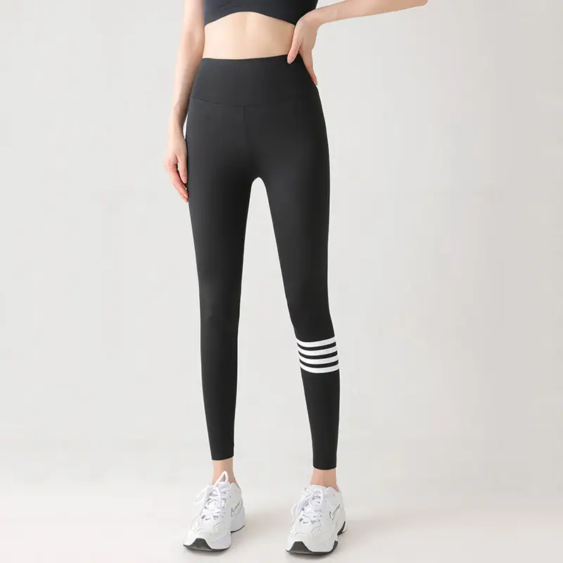 Black Printed Leggings with 4-Stripe Design for Women - Image 2
