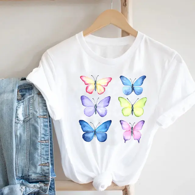 Women Butterfly Print T-Shirt White Casual 90s - Image 11