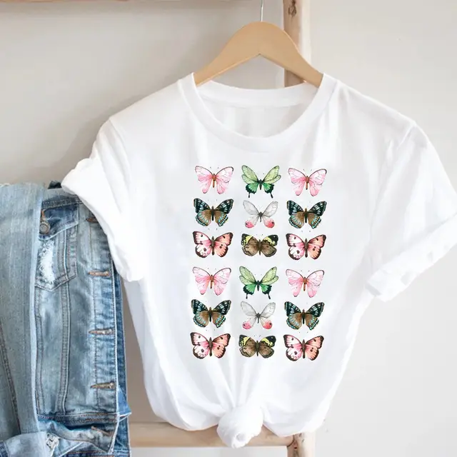 Women Butterfly Print T-Shirt White Casual 90s - Image 12