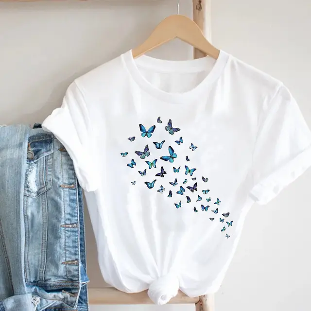 Women Butterfly Print T-Shirt White Casual 90s - Image 17
