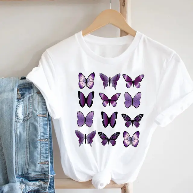 Women Butterfly Print T-Shirt White Casual 90s - Image 18