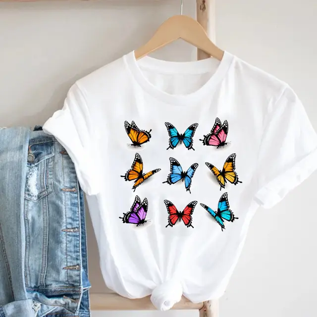 Women Butterfly Print T-Shirt White Casual 90s - Image 6