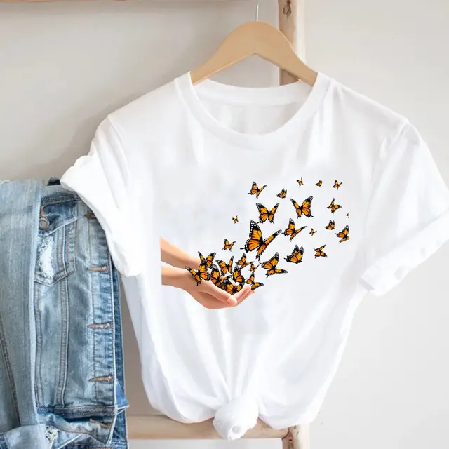 Women Butterfly Print T-Shirt White Casual 90s - Image 7
