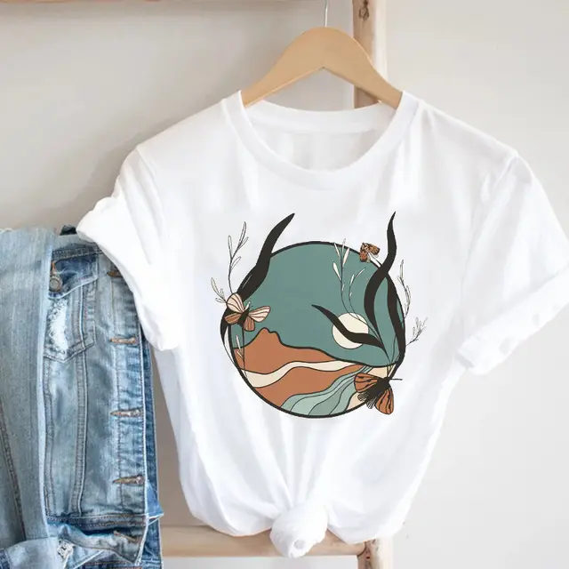 Women Butterfly Print T-Shirt White Casual 90s - Image 8