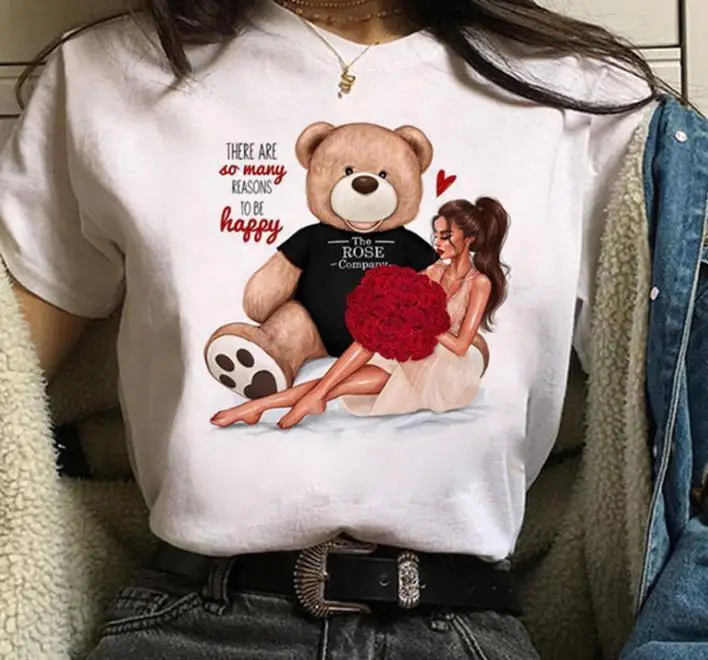 Women White Paris Print T-Shirt Short Sleeve Loose Fit