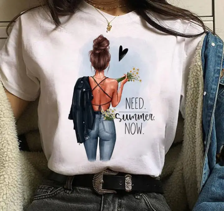 Women White Paris Print T-Shirt Short Sleeve Loose Fit