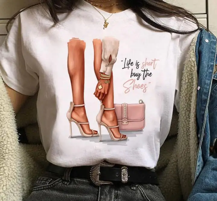 Women White Paris Print T-Shirt Short Sleeve Loose Fit