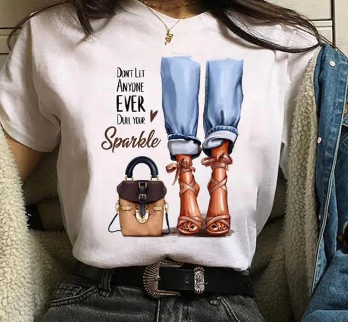Women White Paris Print T-Shirt Short Sleeve Loose Fit