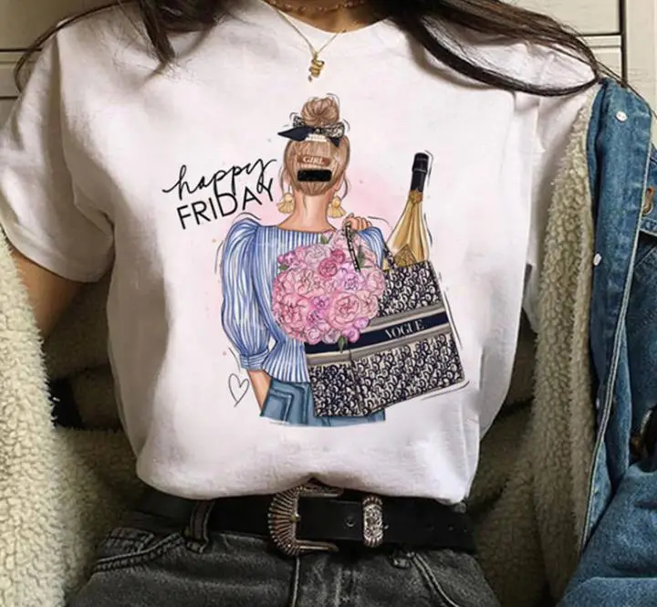 Women White Paris Print T-Shirt Short Sleeve Loose Fit