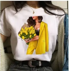 Women White Paris Print T-Shirt Short Sleeve Loose Fit