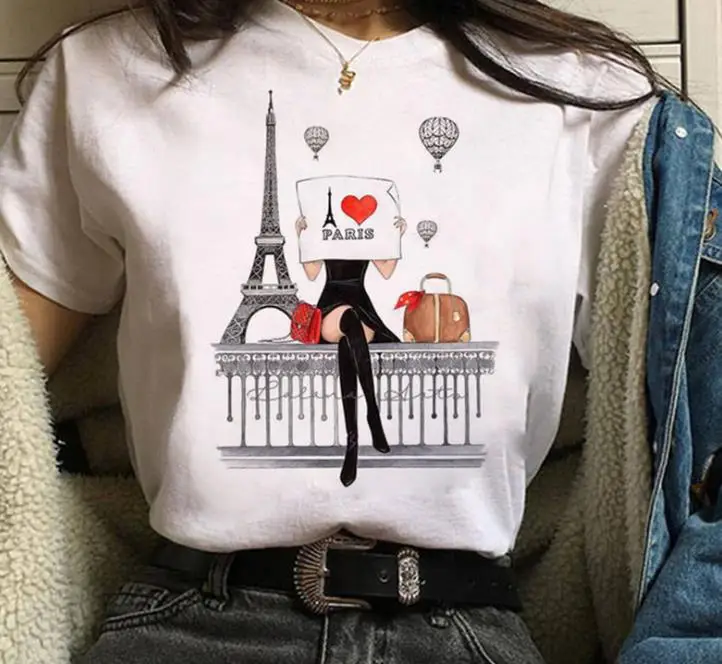 Women White Paris Print T-Shirt Short Sleeve Loose Fit