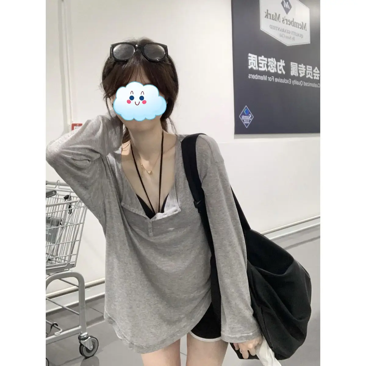 Women Pink Long Sleeve T-Shirt Loose Outer Blouse Suspender Two Piece - Image 14