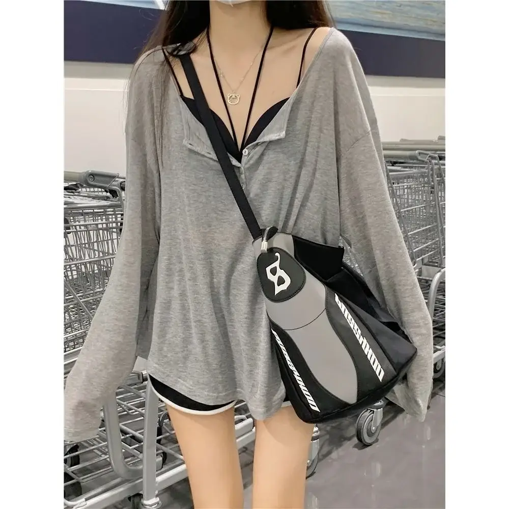 Women Pink Long Sleeve T-Shirt Loose Outer Blouse Suspender Two Piece - Image 7