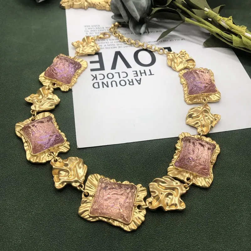 Western Middle Ancient Jewelry Necklace Earrings Set Real Gold Plated Purple Jelly - Image 6