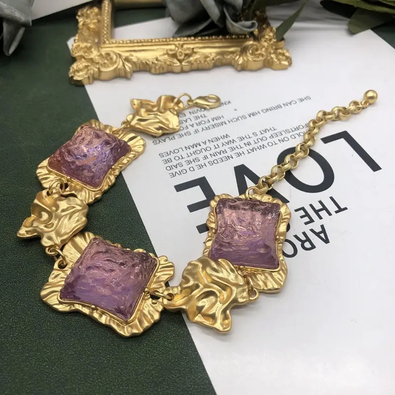 Western Middle Ancient Jewelry Necklace Earrings Set Real Gold Plated Purple Jelly - Image 8