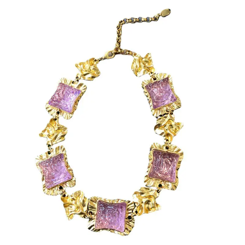 Western Middle Ancient Jewelry Necklace Earrings Set Real Gold Plated Purple Jelly - Image 9